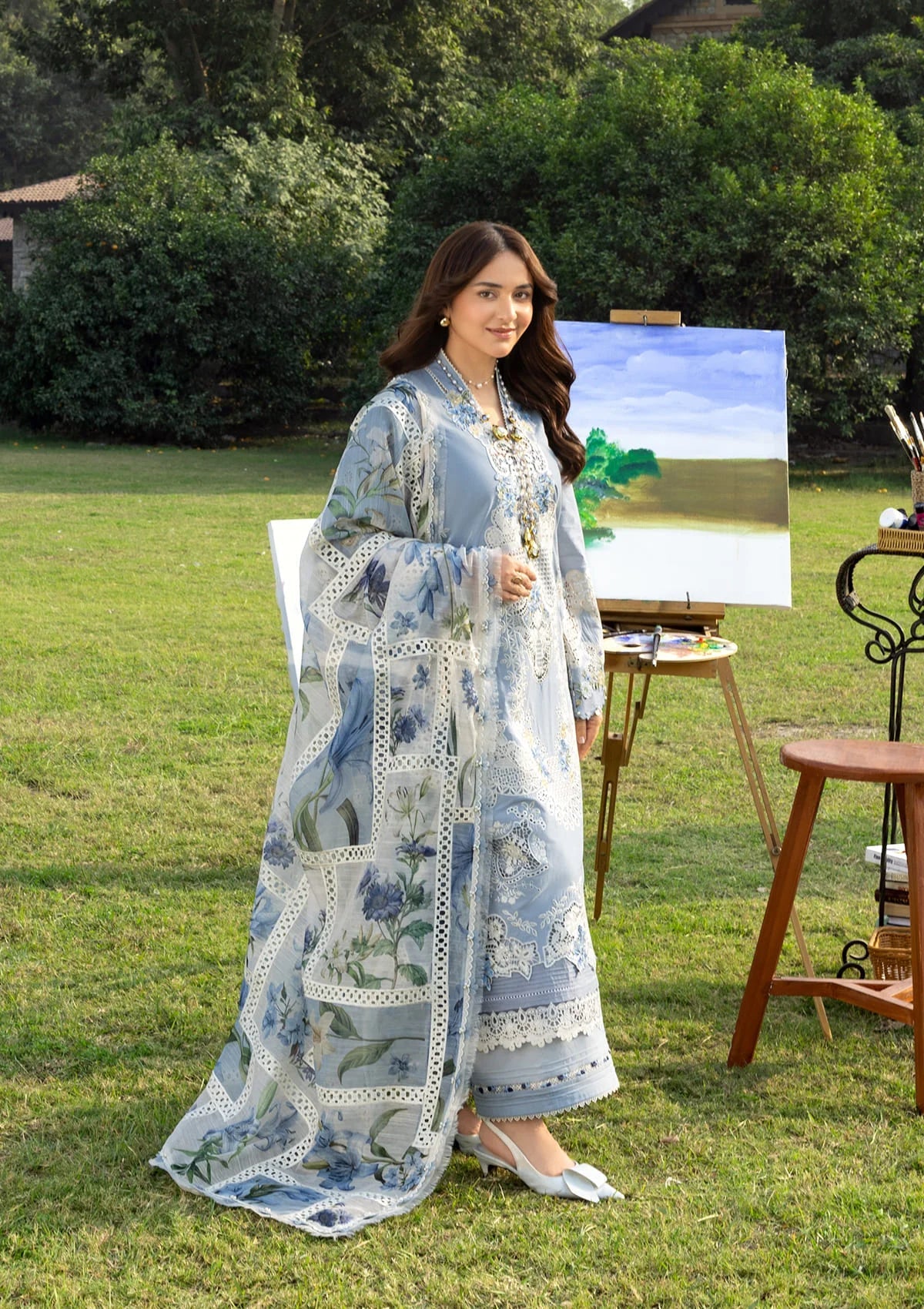 ELAF LUXURY CHIKEN KARI EMBROIDERED LAWN WITH PRINTED CHIFFON DUPPATA UNSTICHED 3PC