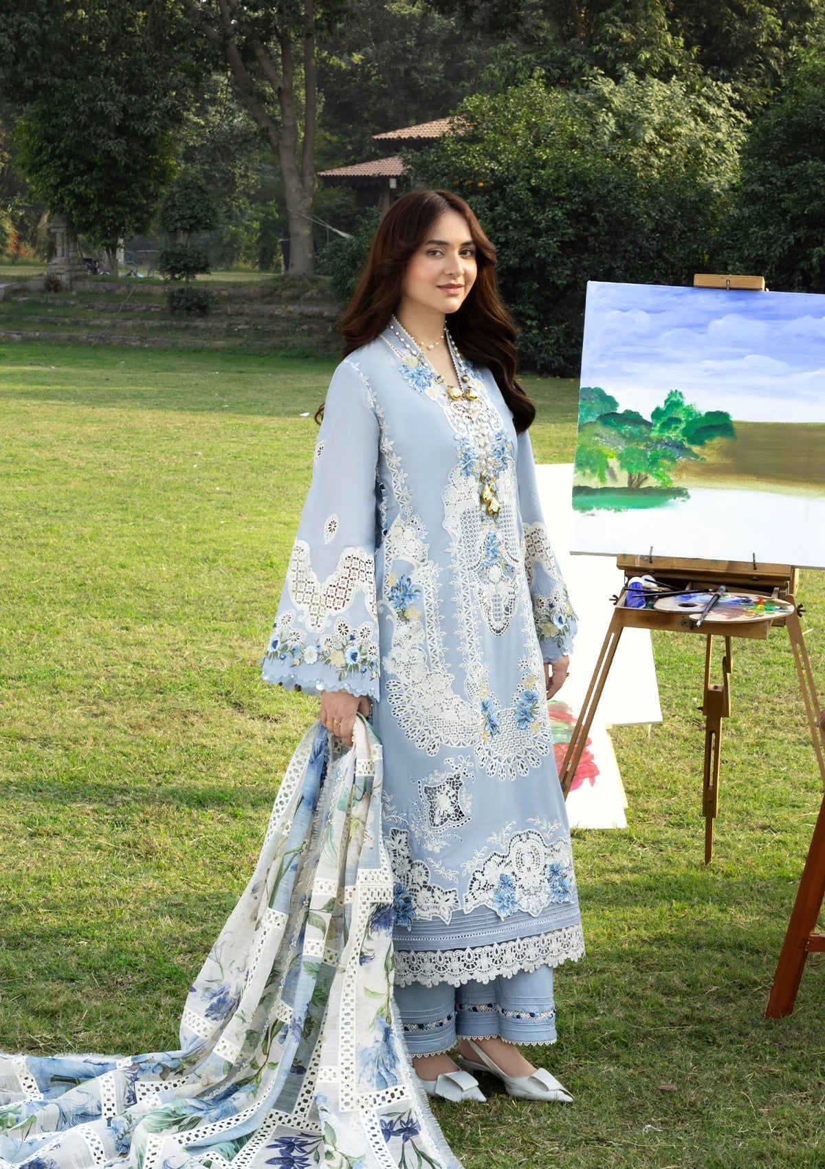 ELAF LUXURY CHIKEN KARI EMBROIDERED LAWN WITH PRINTED CHIFFON DUPPATA UNSTICHED 3PC