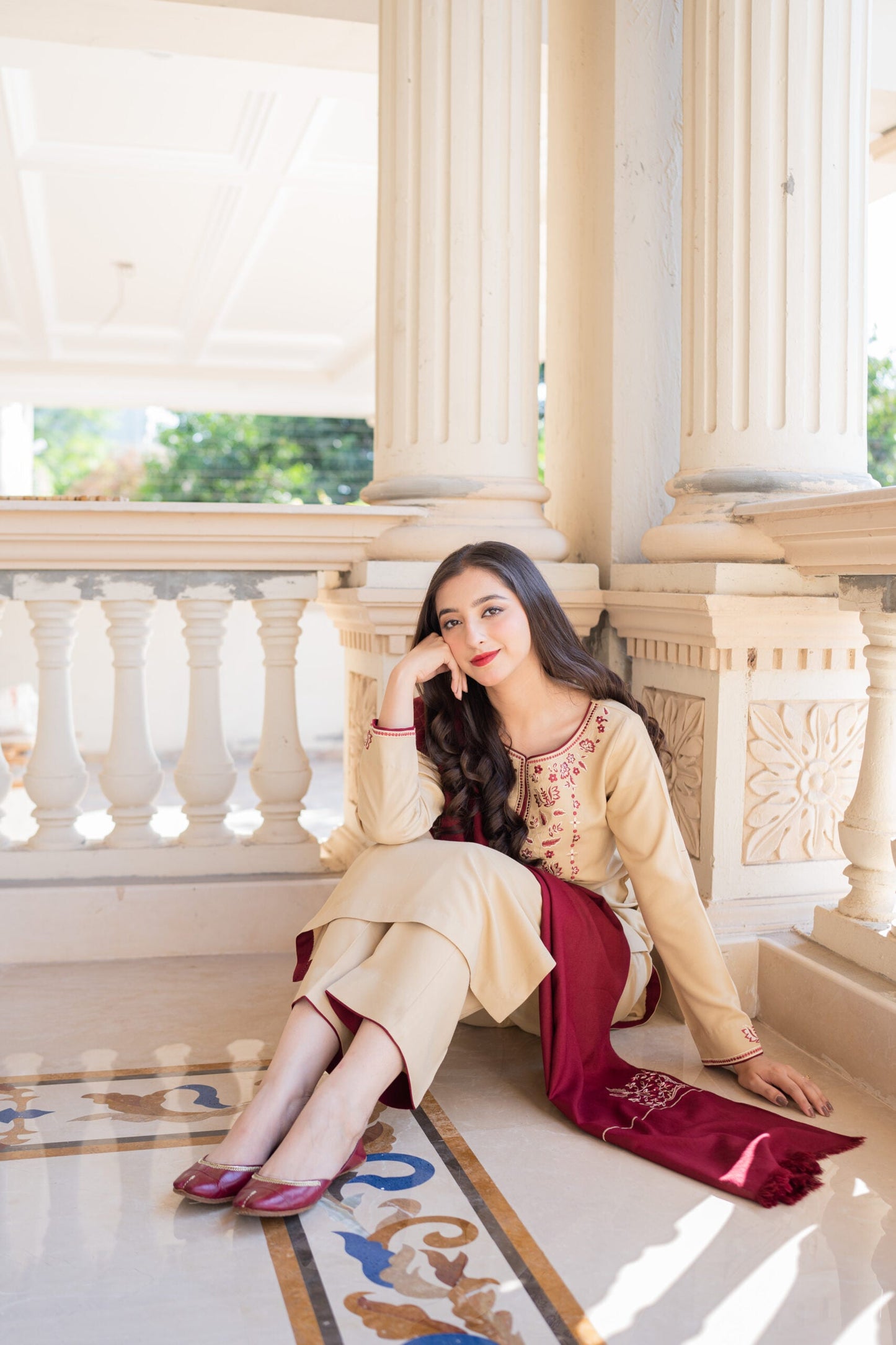 NATURAL BEIGE WINTER 2026 EMBROIDERED DHANAK 3PC WITH EMBROIDERED DHANAK SHAWL