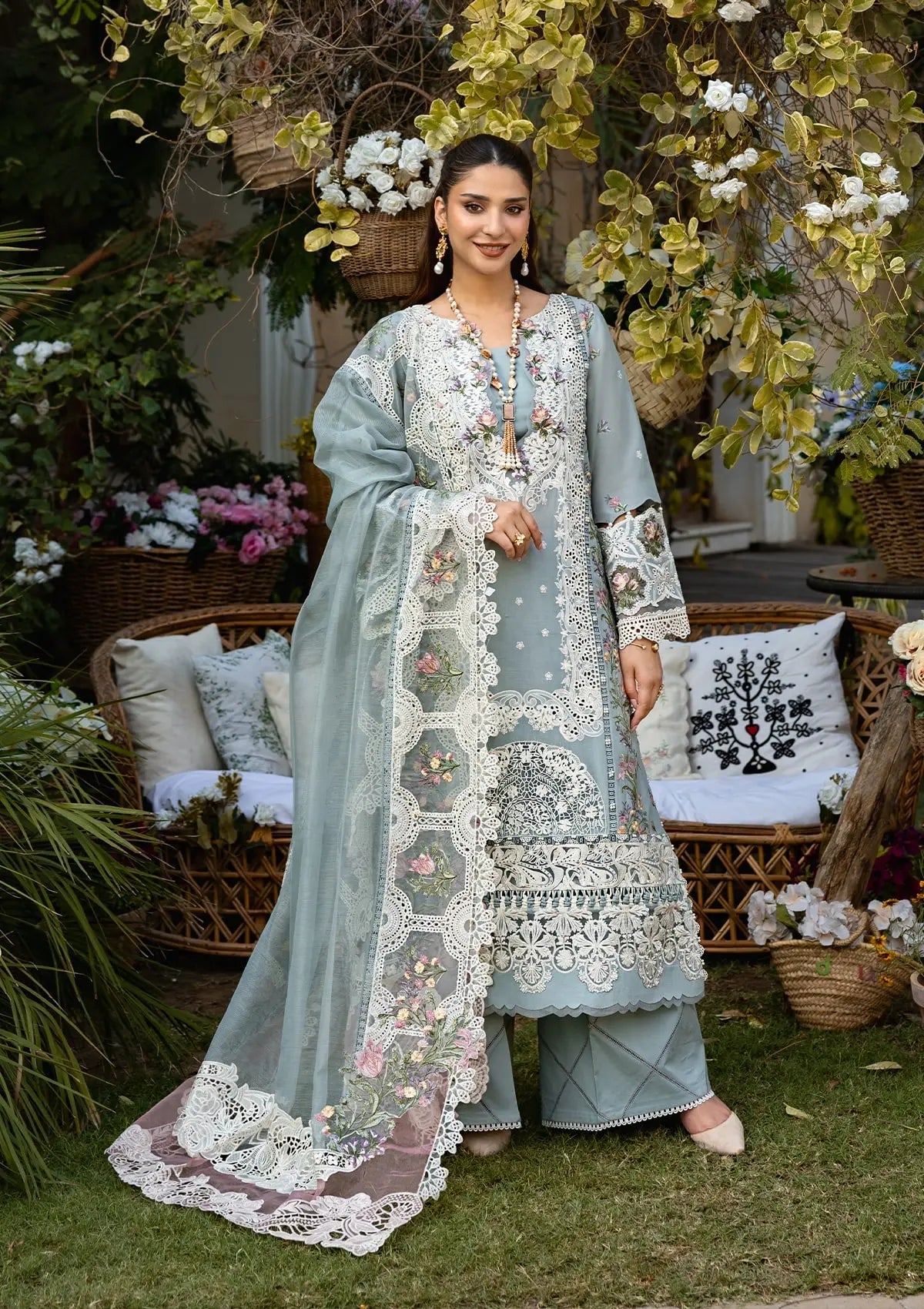 ELAF LUXURY CHIKEN KARI EMBROIDERED LAWN WITH EMBROIDERED KHAADI NET DUPPATA UNSTICHED 3PC