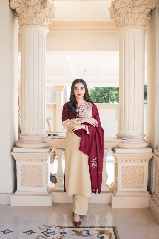 NATURAL BEIGE WINTER 2026 EMBROIDERED UNSTICHED DHANAK 3PC WITH EMBROIDERED DHANAK SHAWL