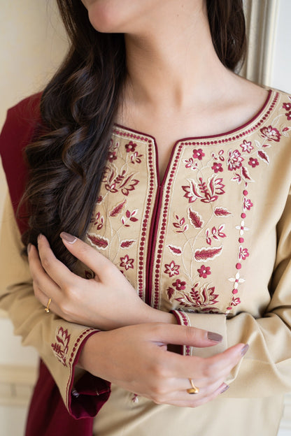 NATURAL BEIGE WINTER 2026 EMBROIDERED DHANAK 3PC WITH EMBROIDERED DHANAK SHAWL