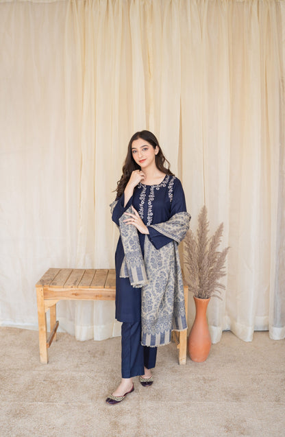 ZORA WINTER 2026 EMBROIDERED DHANAK 3PC WITH PRINTED PASHMINA SHAWL
