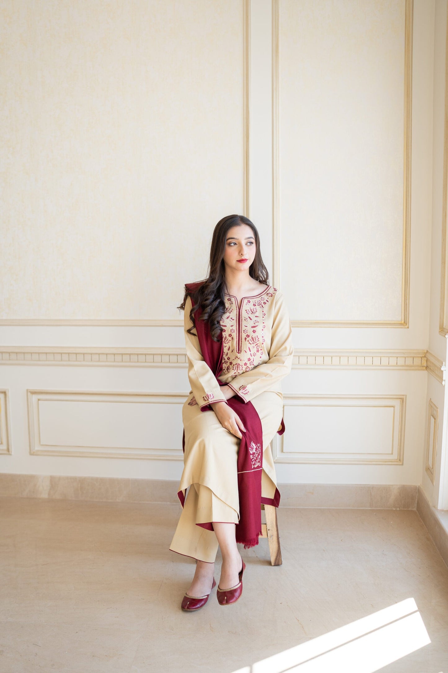 NATURAL BEIGE WINTER 2026 EMBROIDERED DHANAK 3PC WITH EMBROIDERED DHANAK SHAWL