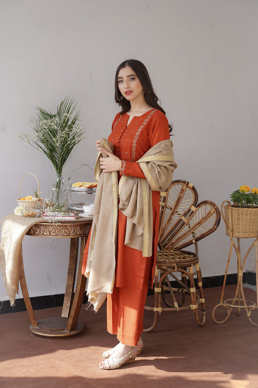 GINGER WINTER 2026 EMBROIDERED UNSTICHED DHANAK 3PC WITH PASHMINA SHAWL