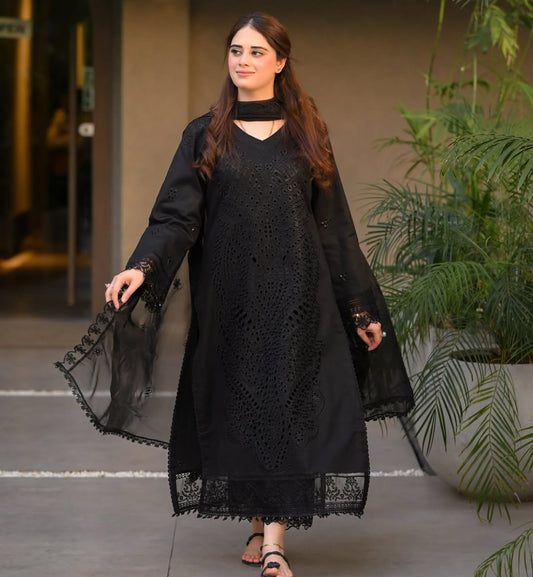LIBAS SUMMER SPECIAL'S UNSTICHED CHIKEN KARI EMBROIDERED LAWN 3PC WITH CHIFFON DUPPATA