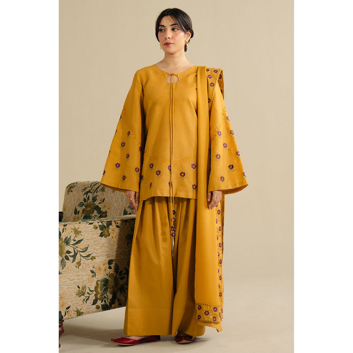 MUSTARD OUTFIT WINTER 2026 EMBROIDERED DHANAK 3PC WITH EMBROIDERED DHANAK SHAWL