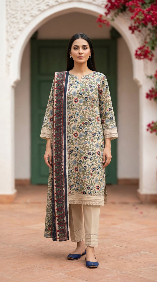 COCKTAIL LAWN BY LAWN DUPPATA PRINT UNSTICHED 3PC