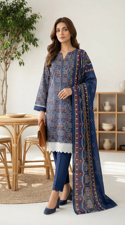 COCKTAIL LAWN BY LAWN DUPPATA PRINT UNSTICHED 3PC